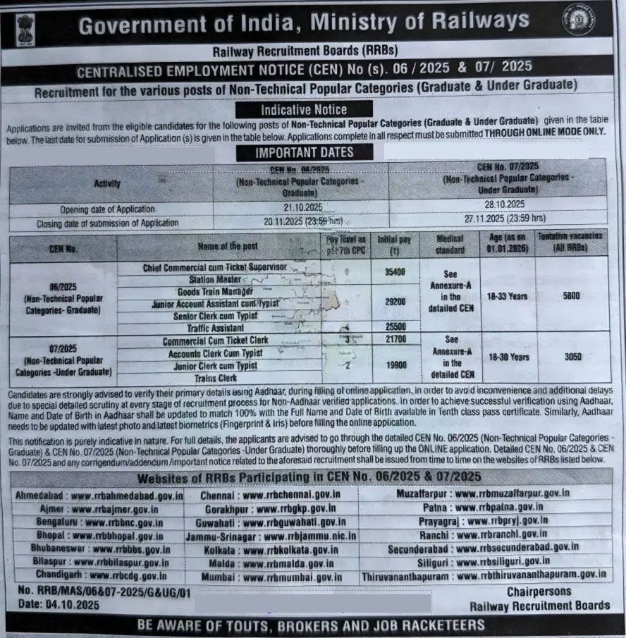 rrb ntpc recruitment 2025 short notice
