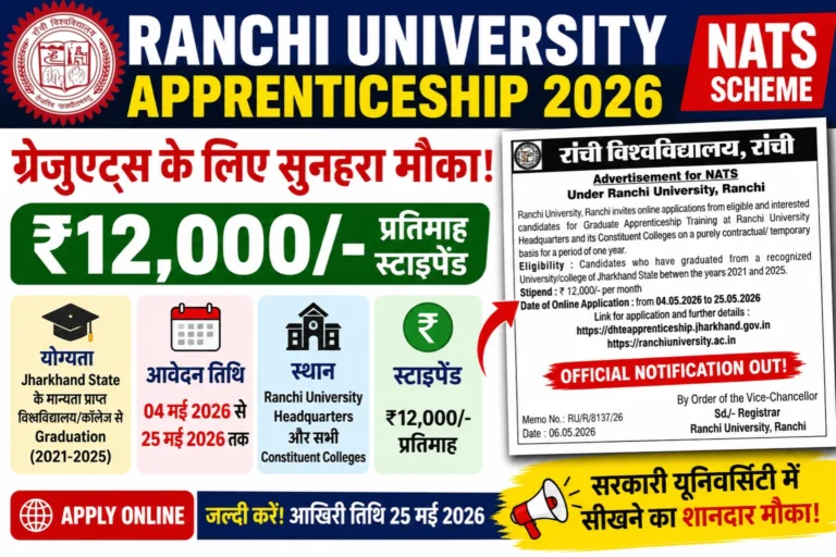 Ranchi University Apprenticeship 2026: ग्रेजुएट छात्रों के लिए शानदार मौका, मिलेगा ₹12,000 प्रतिमाह स्टाइपेंड, आवेदन प्रक्रिया एवं सभी जानकारियाँ यहाँ देखें